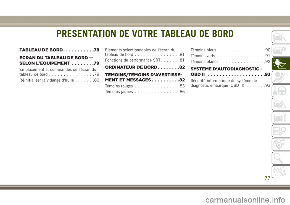 JEEP GRAND CHEROKEE 2017  Notice dentretien (in French) PRESENTATION DE VOTRE TABLEAU DE BORD
TABLEAU DE BORD...........78
ECRAN DU TABLEAU DE BORD —
SELON L'EQUIPEMENT........79
Emplacement et commandes de l'écran du
tableau de bord............