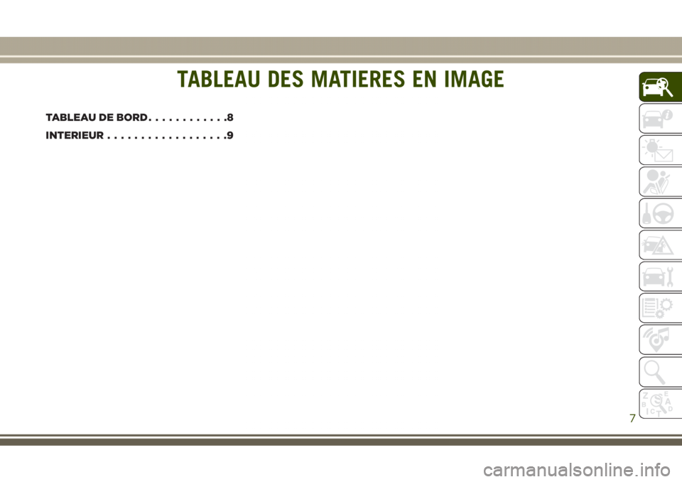 JEEP GRAND CHEROKEE 2017  Notice dentretien (in French) TABLEAU DES MATIERES EN IMAGE
TABLEAU DE BORD............8
INTERIEUR..................9
TABLEAU DES MATIERES EN IMAGE
7 