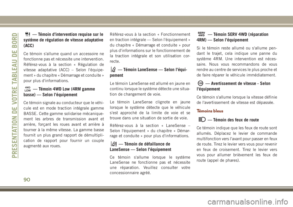 JEEP GRAND CHEROKEE 2017 Notice dentretien (in French) — Témoin d'intervention requise sur le
système de régulation de vitesse adaptative
(ACC)
Ce témoin s'allume quand un accessoire ne
fonctionne pas et nécessite une intervention.
Référe JEEP GRAND CHEROKEE 2017 Notice dentretien (in French) — Témoin d'intervention requise sur le
système de régulation de vitesse adaptative
(ACC)
Ce témoin s'allume quand un accessoire ne
fonctionne pas et nécessite une intervention.
Référe