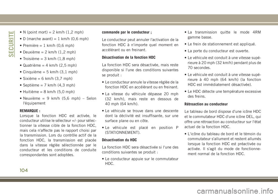 JEEP GRAND CHEROKEE 2018 Notice dentretien (in French) • N (point mort) = 2 km/h (1,2 mph)
• D (marche avant) = 1 km/h (0,6 mph)
• Première = 1 km/h (0,6 mph)
• Deuxième = 2 km/h (1,2 mph)
• Troisième = 3 km/h (1,8 mph)
• Quatrième = 4 km/ JEEP GRAND CHEROKEE 2018 Notice dentretien (in French) • N (point mort) = 2 km/h (1,2 mph)
• D (marche avant) = 1 km/h (0,6 mph)
• Première = 1 km/h (0,6 mph)
• Deuxième = 2 km/h (1,2 mph)
• Troisième = 3 km/h (1,8 mph)
• Quatrième = 4 km/