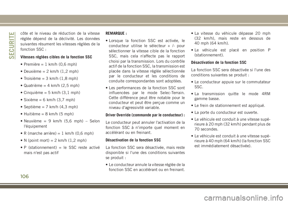 JEEP GRAND CHEROKEE 2018 Notice dentretien (in French) côte et le niveau de réduction de la vitesse
réglée dépend de la déclivité. Les données
suivantes résument les vitesses réglées de la
fonction SSC :
Vitesses réglées cibles de la fonction JEEP GRAND CHEROKEE 2018 Notice dentretien (in French) côte et le niveau de réduction de la vitesse
réglée dépend de la déclivité. Les données
suivantes résument les vitesses réglées de la
fonction SSC :
Vitesses réglées cibles de la fonction