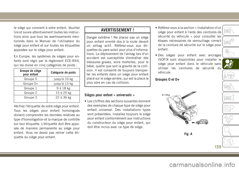 JEEP GRAND CHEROKEE 2018 Notice dentretien (in French) le siège qui convient à votre enfant. Veuillez
lire et suivre attentivement toutes les instruc-
tions ainsi que tous les avertissements men-
tionnés dans le Manuel de l'utilisateur du
siège po JEEP GRAND CHEROKEE 2018 Notice dentretien (in French) le siège qui convient à votre enfant. Veuillez
lire et suivre attentivement toutes les instruc-
tions ainsi que tous les avertissements men-
tionnés dans le Manuel de l'utilisateur du
siège po