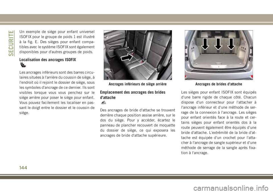 JEEP GRAND CHEROKEE 2018 Notice dentretien (in French) Un exemple de siège pour enfant universel
ISOFIX pour le groupe de poids 1 est illustré
à la fig. E. Des sièges pour enfant compa-
tibles avec le système ISOFIX sont également
disponibles pour d JEEP GRAND CHEROKEE 2018 Notice dentretien (in French) Un exemple de siège pour enfant universel
ISOFIX pour le groupe de poids 1 est illustré
à la fig. E. Des sièges pour enfant compa-
tibles avec le système ISOFIX sont également
disponibles pour d