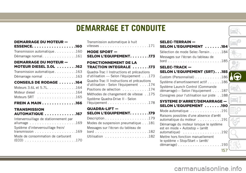 JEEP GRAND CHEROKEE 2018 Notice dentretien (in French) DEMARRAGE ET CONDUITE
DEMARRAGE DU MOTEUR —
ESSENCE..................160
Transmission automatique.........160
Démarrage normal..............161
DEMARRAGE DU MOTEUR —
MOTEUR DIESEL 3.0L........162 JEEP GRAND CHEROKEE 2018 Notice dentretien (in French) DEMARRAGE ET CONDUITE
DEMARRAGE DU MOTEUR —
ESSENCE..................160
Transmission automatique.........160
Démarrage normal..............161
DEMARRAGE DU MOTEUR —
MOTEUR DIESEL 3.0L........162