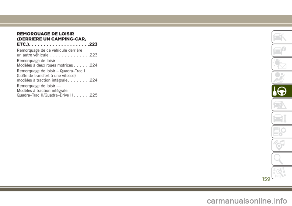 JEEP GRAND CHEROKEE 2018 Notice dentretien (in French) REMORQUAGE DE LOISIR
(DERRIERE UN CAMPING-CAR,
ETC.).....................223
Remorquage de ce véhicule derrière
un autre véhicule..............223
Remorquage de loisir —
Modèles à deux roues mo JEEP GRAND CHEROKEE 2018 Notice dentretien (in French) REMORQUAGE DE LOISIR
(DERRIERE UN CAMPING-CAR,
ETC.).....................223
Remorquage de ce véhicule derrière
un autre véhicule..............223
Remorquage de loisir —
Modèles à deux roues mo