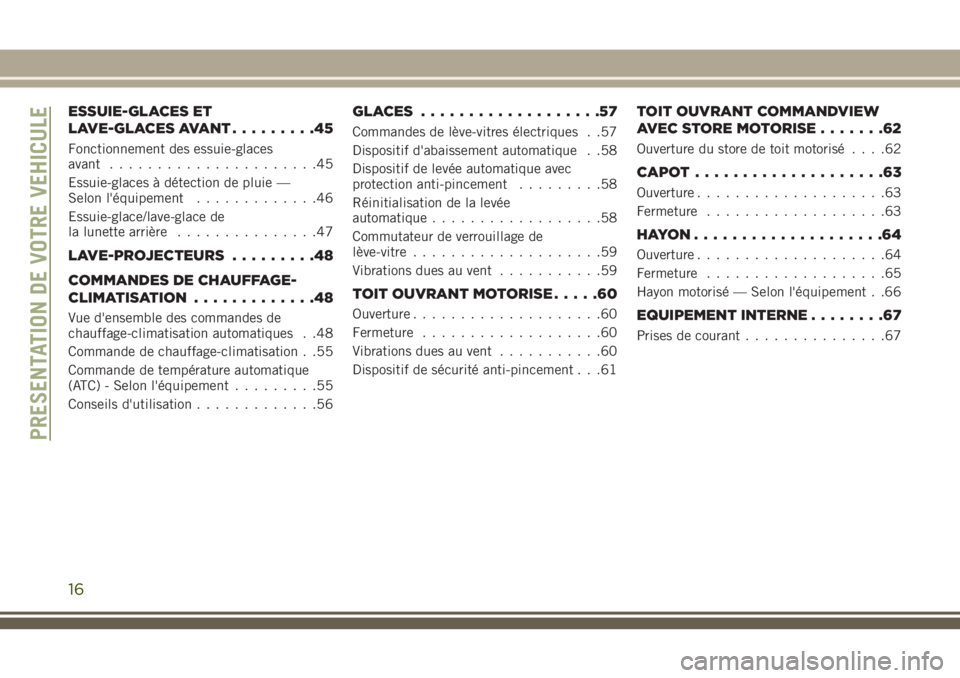 JEEP GRAND CHEROKEE 2018 Notice dentretien (in French) ESSUIE-GLACES ET
LAVE-GLACES AVANT.........45
Fonctionnement des essuie-glaces
avant......................45
Essuie-glaces à détection de pluie —
Selon l'équipement.............46
Essuie-glac JEEP GRAND CHEROKEE 2018 Notice dentretien (in French) ESSUIE-GLACES ET
LAVE-GLACES AVANT.........45
Fonctionnement des essuie-glaces
avant......................45
Essuie-glaces à détection de pluie —
Selon l'équipement.............46
Essuie-glac