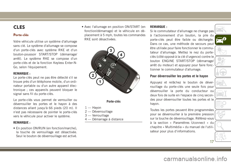 JEEP GRAND CHEROKEE 2018 Notice dentretien (in French) CLES
Porte-clés
Votre véhicule utilise un système d'allumage
sans clé. Le système d'allumage se compose
d'un porte-clés avec système RKE et d'un
bouton-poussoir START/STOP (dém JEEP GRAND CHEROKEE 2018 Notice dentretien (in French) CLES
Porte-clés
Votre véhicule utilise un système d'allumage
sans clé. Le système d'allumage se compose
d'un porte-clés avec système RKE et d'un
bouton-poussoir START/STOP (dém