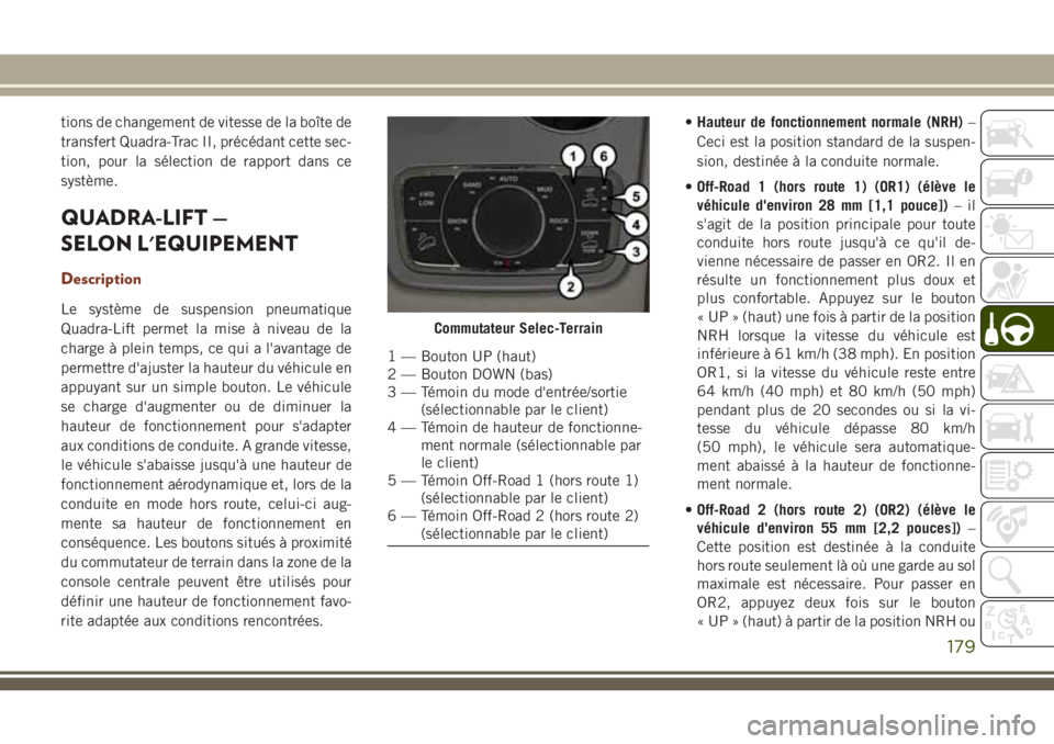 JEEP GRAND CHEROKEE 2018 Notice dentretien (in French) tions de changement de vitesse de la boîte de
transfert Quadra-Trac II, précédant cette sec-
tion, pour la sélection de rapport dans ce
système.
QUADRA-LIFT —
SELON L'EQUIPEMENT
Description JEEP GRAND CHEROKEE 2018 Notice dentretien (in French) tions de changement de vitesse de la boîte de
transfert Quadra-Trac II, précédant cette sec-
tion, pour la sélection de rapport dans ce
système.
QUADRA-LIFT —
SELON L'EQUIPEMENT
Description