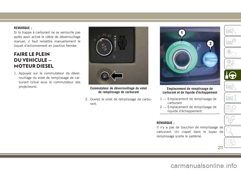 JEEP GRAND CHEROKEE 2018 Notice dentretien (in French) REMARQUE :
Si la trappe à carburant ne se verrouille pas
après avoir activé le câble de déverrouillage
manuel, il faut remettre manuellement le
loquet d'actionnement en position fermée.
FAIR JEEP GRAND CHEROKEE 2018 Notice dentretien (in French) REMARQUE :
Si la trappe à carburant ne se verrouille pas
après avoir activé le câble de déverrouillage
manuel, il faut remettre manuellement le
loquet d'actionnement en position fermée.
FAIR