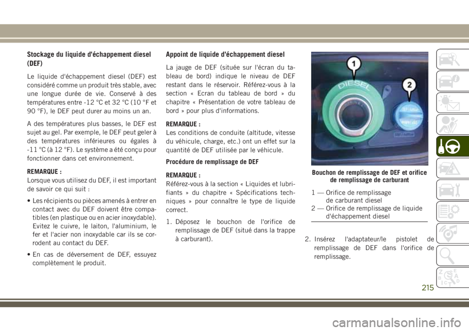 JEEP GRAND CHEROKEE 2018 Notice dentretien (in French) Stockage du liquide d'échappement diesel
(DEF)
Le liquide d'échappement diesel (DEF) est
considéré comme un produit très stable, avec
une longue durée de vie. Conservé à des
températu JEEP GRAND CHEROKEE 2018 Notice dentretien (in French) Stockage du liquide d'échappement diesel
(DEF)
Le liquide d'échappement diesel (DEF) est
considéré comme un produit très stable, avec
une longue durée de vie. Conservé à des
températu