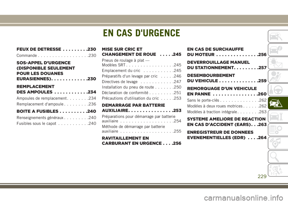 JEEP GRAND CHEROKEE 2018 Notice dentretien (in French) EN CAS D'URGENCE
FEUX DE DETRESSE.........230
Commande..................230
SOS-APPEL D'URGENCE
(DISPONIBLE SEULEMENT
POUR LES DOUANES
EURASIENNES).............230
REMPLACEMENT
DES AMPOULES... JEEP GRAND CHEROKEE 2018 Notice dentretien (in French) EN CAS D'URGENCE
FEUX DE DETRESSE.........230
Commande..................230
SOS-APPEL D'URGENCE
(DISPONIBLE SEULEMENT
POUR LES DOUANES
EURASIENNES).............230
REMPLACEMENT
DES AMPOULES...