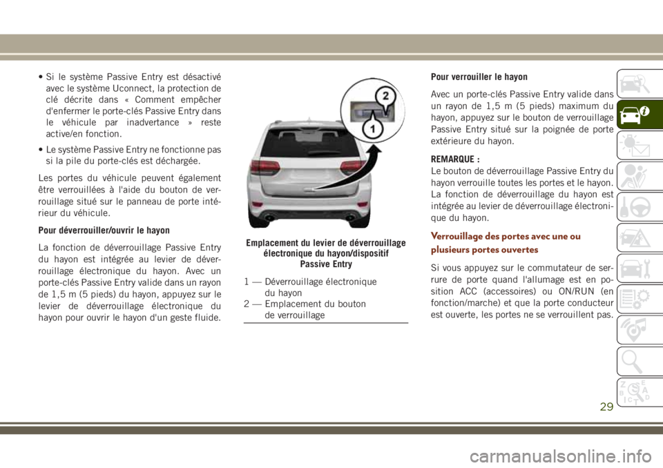 JEEP GRAND CHEROKEE 2018 Notice dentretien (in French) • Si le système Passive Entry est désactivé
avec le système Uconnect, la protection de
clé décrite dans « Comment empêcher
d'enfermer le porte-clés Passive Entry dans
le véhicule par i JEEP GRAND CHEROKEE 2018 Notice dentretien (in French) • Si le système Passive Entry est désactivé
avec le système Uconnect, la protection de
clé décrite dans « Comment empêcher
d'enfermer le porte-clés Passive Entry dans
le véhicule par i