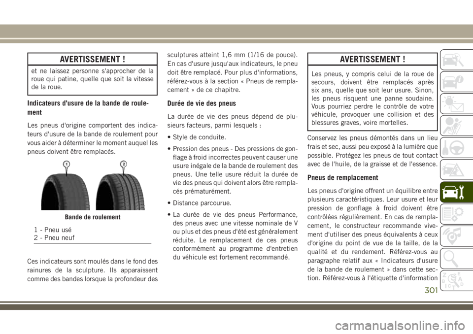 JEEP GRAND CHEROKEE 2018 Notice dentretien (in French) AVERTISSEMENT !
et ne laissez personne s'approcher de la
roue qui patine, quelle que soit la vitesse
de la roue.
Indicateurs d'usure de la bande de roule-
ment
Les pneus d'origine comporte JEEP GRAND CHEROKEE 2018 Notice dentretien (in French) AVERTISSEMENT !
et ne laissez personne s'approcher de la
roue qui patine, quelle que soit la vitesse
de la roue.
Indicateurs d'usure de la bande de roule-
ment
Les pneus d'origine comporte