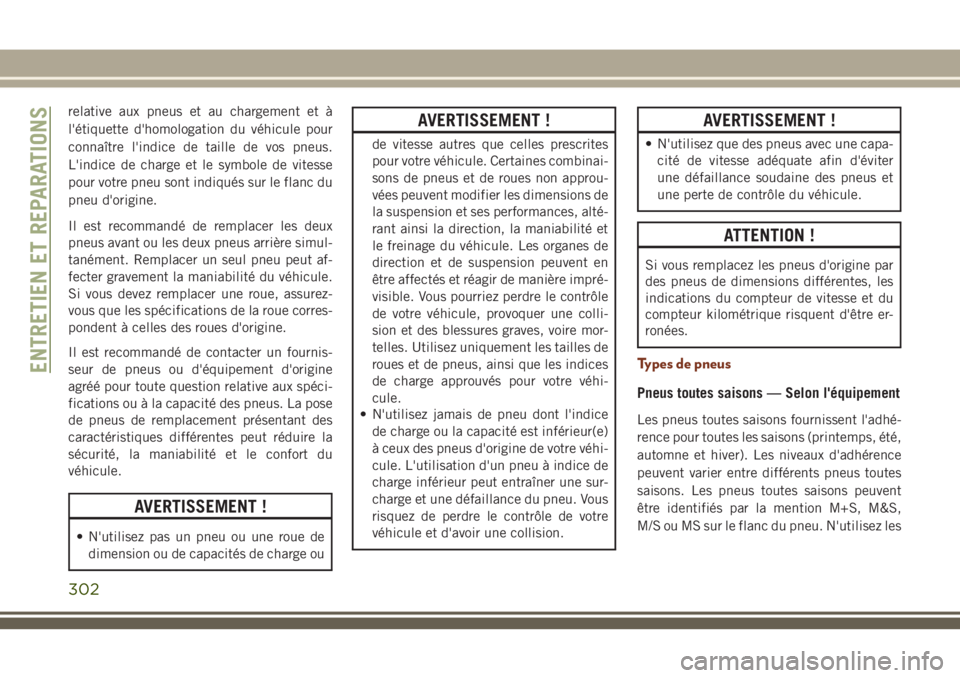 JEEP GRAND CHEROKEE 2018 Notice dentretien (in French) relative aux pneus et au chargement et à
l'étiquette d'homologation du véhicule pour
connaître l'indice de taille de vos pneus.
L'indice de charge et le symbole de vitesse
pour vot JEEP GRAND CHEROKEE 2018 Notice dentretien (in French) relative aux pneus et au chargement et à
l'étiquette d'homologation du véhicule pour
connaître l'indice de taille de vos pneus.
L'indice de charge et le symbole de vitesse
pour vot