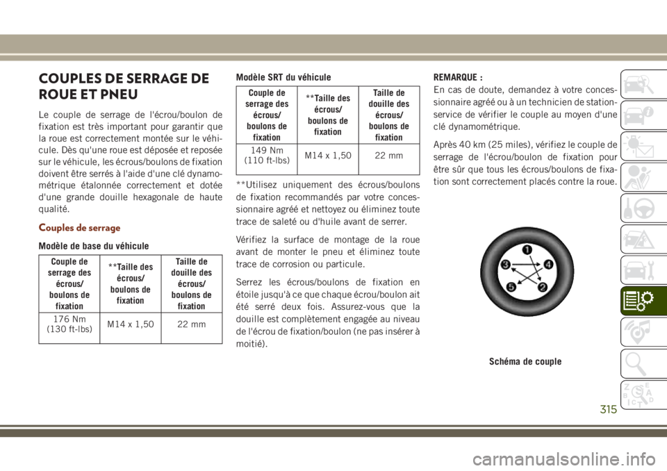 JEEP GRAND CHEROKEE 2018 Notice dentretien (in French) COUPLES DE SERRAGE DE
ROUE ET PNEU
Le couple de serrage de l'écrou/boulon de
fixation est très important pour garantir que
la roue est correctement montée sur le véhi-
cule. Dès qu'une ro JEEP GRAND CHEROKEE 2018 Notice dentretien (in French) COUPLES DE SERRAGE DE
ROUE ET PNEU
Le couple de serrage de l'écrou/boulon de
fixation est très important pour garantir que
la roue est correctement montée sur le véhi-
cule. Dès qu'une ro