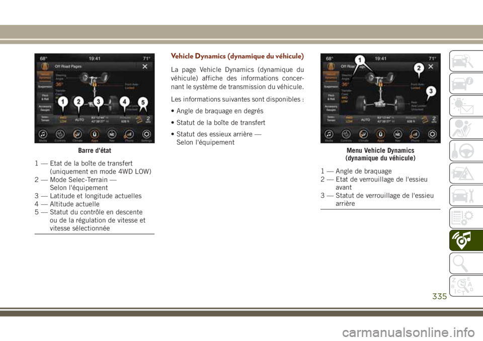 JEEP GRAND CHEROKEE 2018 Notice dentretien (in French) Vehicle Dynamics (dynamique du véhicule)
La page Vehicle Dynamics (dynamique du
véhicule) affiche des informations concer-
nant le système de transmission du véhicule.
Les informations suivantes s JEEP GRAND CHEROKEE 2018 Notice dentretien (in French) Vehicle Dynamics (dynamique du véhicule)
La page Vehicle Dynamics (dynamique du
véhicule) affiche des informations concer-
nant le système de transmission du véhicule.
Les informations suivantes s