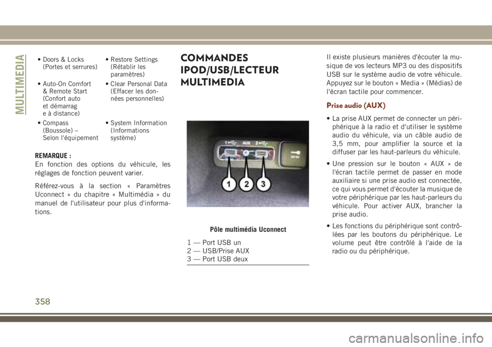 JEEP GRAND CHEROKEE 2018 Notice dentretien (in French) • Doors & Locks
(Portes et serrures)• Restore Settings
(Rétablir les
paramètres)
• Auto-On Comfort
& Remote Start
(Confort auto
et démarrag
e à distance)• Clear Personal Data
(Effacer les JEEP GRAND CHEROKEE 2018 Notice dentretien (in French) • Doors & Locks
(Portes et serrures)• Restore Settings
(Rétablir les
paramètres)
• Auto-On Comfort
& Remote Start
(Confort auto
et démarrag
e à distance)• Clear Personal Data
(Effacer les
