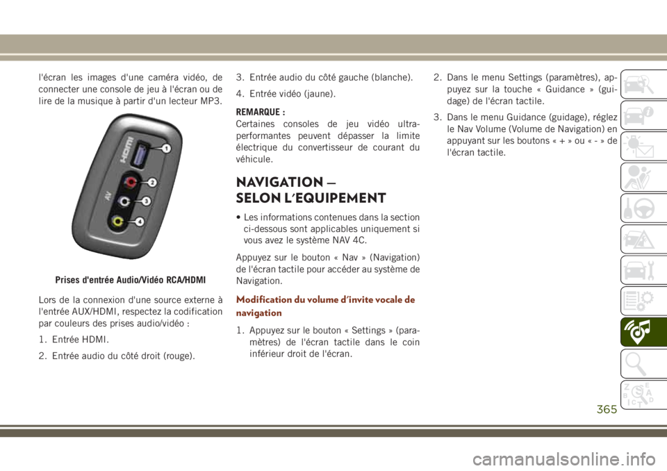 JEEP GRAND CHEROKEE 2018 Notice dentretien (in French) l'écran les images d'une caméra vidéo, de
connecter une console de jeu à l'écran ou de
lire de la musique à partir d'un lecteur MP3.
Lors de la connexion d'une source externe JEEP GRAND CHEROKEE 2018 Notice dentretien (in French) l'écran les images d'une caméra vidéo, de
connecter une console de jeu à l'écran ou de
lire de la musique à partir d'un lecteur MP3.
Lors de la connexion d'une source externe
