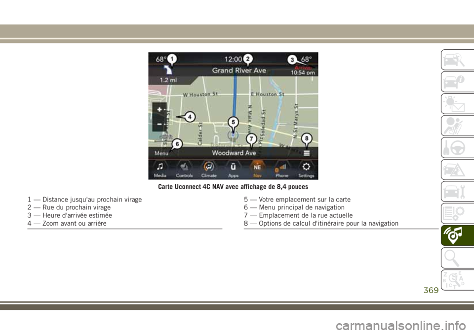 JEEP GRAND CHEROKEE 2018 Notice dentretien (in French) Carte Uconnect 4C NAV avec affichage de 8,4 pouces
1 — Distance jusqu'au prochain virage
2 — Rue du prochain virage
3 — Heure d'arrivée estimée
4 — Zoom avant ou arrière5 — Votre JEEP GRAND CHEROKEE 2018 Notice dentretien (in French) Carte Uconnect 4C NAV avec affichage de 8,4 pouces
1 — Distance jusqu'au prochain virage
2 — Rue du prochain virage
3 — Heure d'arrivée estimée
4 — Zoom avant ou arrière5 — Votre