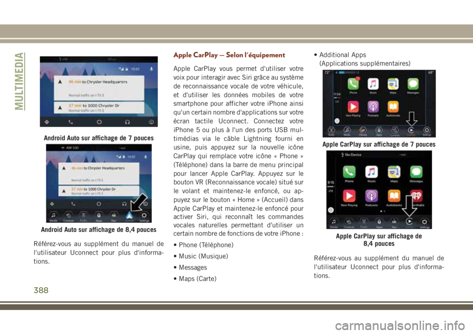 JEEP GRAND CHEROKEE 2018 Notice dentretien (in French) Référez-vous au supplément du manuel de
l'utilisateur Uconnect pour plus d'informa-
tions.
Apple CarPlay — Selon l'équipement
Apple CarPlay vous permet d'utiliser votre
voix pour JEEP GRAND CHEROKEE 2018 Notice dentretien (in French) Référez-vous au supplément du manuel de
l'utilisateur Uconnect pour plus d'informa-
tions.
Apple CarPlay — Selon l'équipement
Apple CarPlay vous permet d'utiliser votre
voix pour