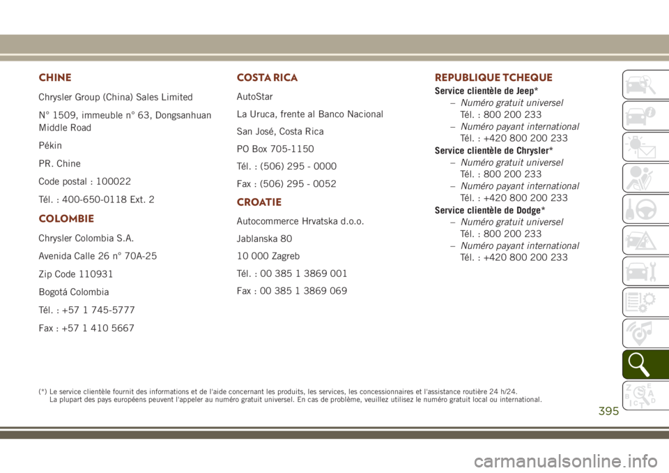 JEEP GRAND CHEROKEE 2018 Notice dentretien (in French) CHINE
Chrysler Group (China) Sales Limited
N° 1509, immeuble n° 63, Dongsanhuan
Middle Road
Pékin
PR. Chine
Code postal : 100022
Tél. : 400-650-0118 Ext. 2
COLOMBIE
Chrysler Colombia S.A.
Avenida JEEP GRAND CHEROKEE 2018 Notice dentretien (in French) CHINE
Chrysler Group (China) Sales Limited
N° 1509, immeuble n° 63, Dongsanhuan
Middle Road
Pékin
PR. Chine
Code postal : 100022
Tél. : 400-650-0118 Ext. 2
COLOMBIE
Chrysler Colombia S.A.
Avenida