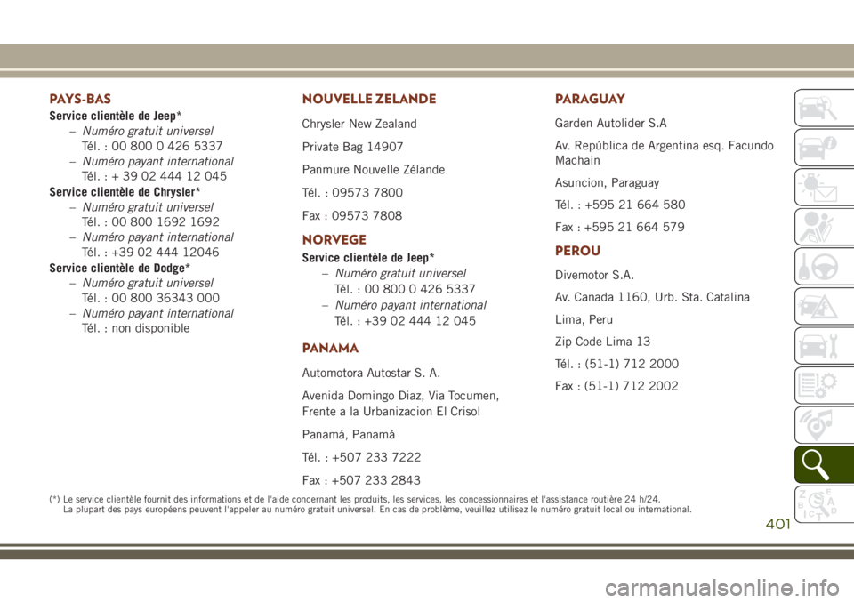 JEEP GRAND CHEROKEE 2018 Notice dentretien (in French) PAYS-BAS
Service clientèle de Jeep*
–Numéro gratuit universel
Tél. : 00 800 0 426 5337
–Numéro payant international
Tél.:+390244412045
Service clientèle de Chrysler*
–Numéro gratuit unive JEEP GRAND CHEROKEE 2018 Notice dentretien (in French) PAYS-BAS
Service clientèle de Jeep*
–Numéro gratuit universel
Tél. : 00 800 0 426 5337
–Numéro payant international
Tél.:+390244412045
Service clientèle de Chrysler*
–Numéro gratuit unive