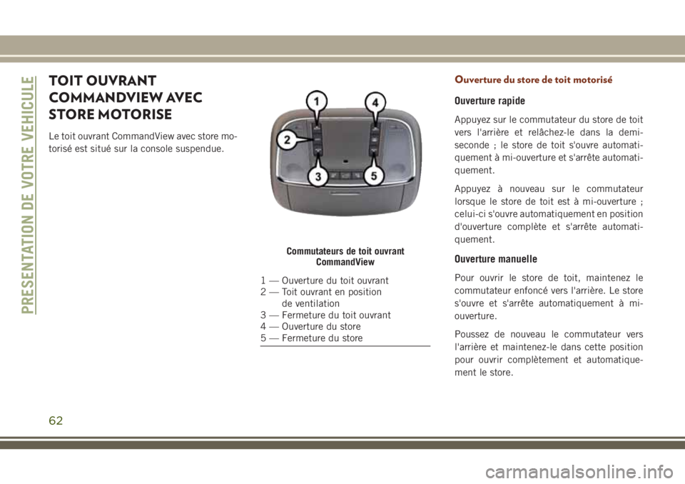 JEEP GRAND CHEROKEE 2018 Notice dentretien (in French) TOIT OUVRANT
COMMANDVIEW AVEC
STORE MOTORISE
Le toit ouvrant CommandView avec store mo-
torisé est situé sur la console suspendue.
Ouverture du store de toit motorisé
Ouverture rapide
Appuyez sur l JEEP GRAND CHEROKEE 2018 Notice dentretien (in French) TOIT OUVRANT
COMMANDVIEW AVEC
STORE MOTORISE
Le toit ouvrant CommandView avec store mo-
torisé est situé sur la console suspendue.
Ouverture du store de toit motorisé
Ouverture rapide
Appuyez sur l