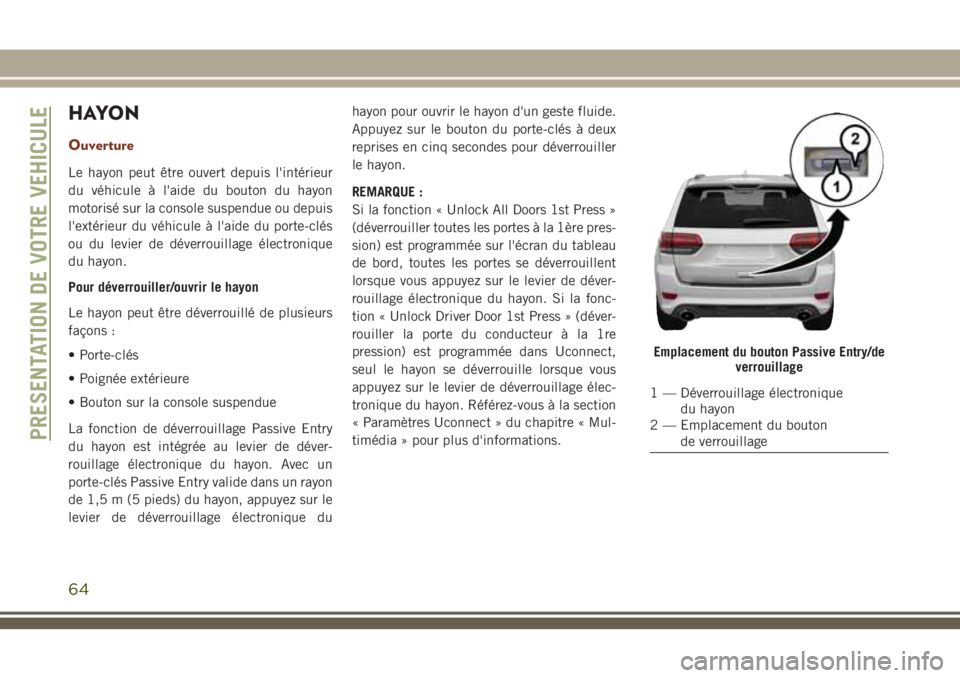 JEEP GRAND CHEROKEE 2018 Notice dentretien (in French) H AYO N
Ouverture
Le hayon peut être ouvert depuis l'intérieur
du véhicule à l'aide du bouton du hayon
motorisé sur la console suspendue ou depuis
l'extérieur du véhicule à l'a JEEP GRAND CHEROKEE 2018 Notice dentretien (in French) H AYO N
Ouverture
Le hayon peut être ouvert depuis l'intérieur
du véhicule à l'aide du bouton du hayon
motorisé sur la console suspendue ou depuis
l'extérieur du véhicule à l'a