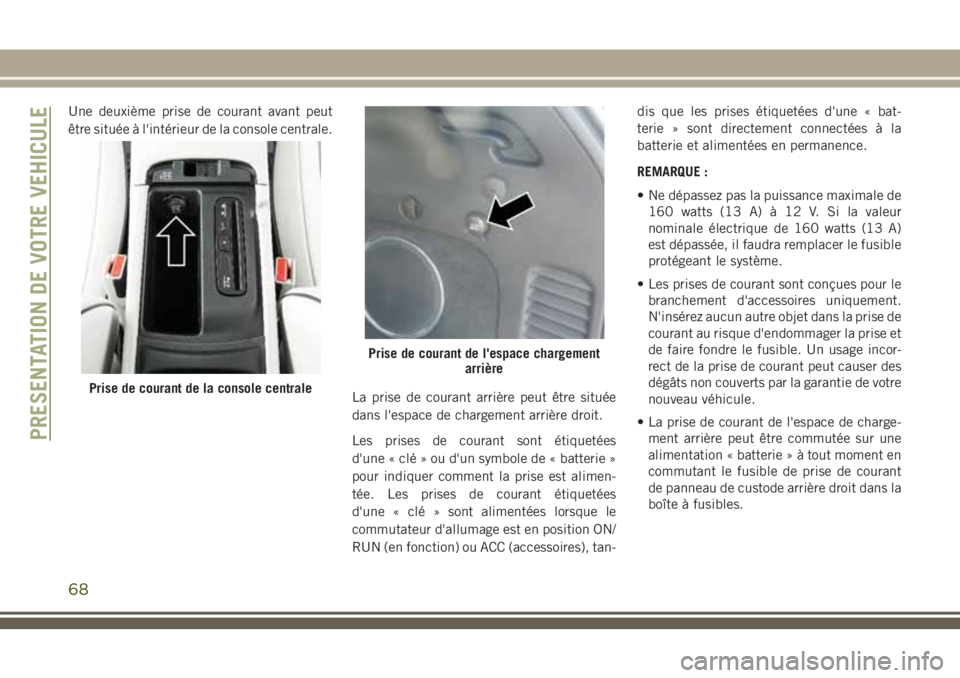 JEEP GRAND CHEROKEE 2018 Notice dentretien (in French) Une deuxième prise de courant avant peut
être située à l'intérieur de la console centrale.
La prise de courant arrière peut être située
dans l'espace de chargement arrière droit.
Les JEEP GRAND CHEROKEE 2018 Notice dentretien (in French) Une deuxième prise de courant avant peut
être située à l'intérieur de la console centrale.
La prise de courant arrière peut être située
dans l'espace de chargement arrière droit.
Les