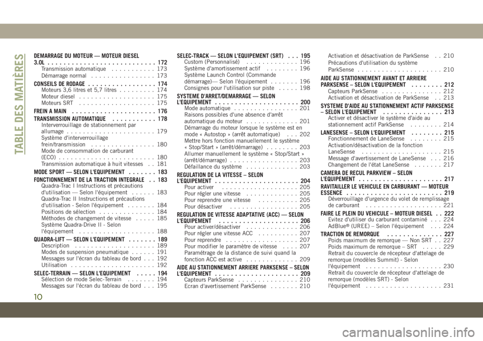JEEP GRAND CHEROKEE 2020  Notice dentretien (in French) DEMARRAGE DU MOTEUR — MOTEUR DIESEL
3.0L........................... 172
Transmission automatique........... 173
Démarrage normal................ 173
CONSEILS DE RODAGE................. 174Moteurs 3
