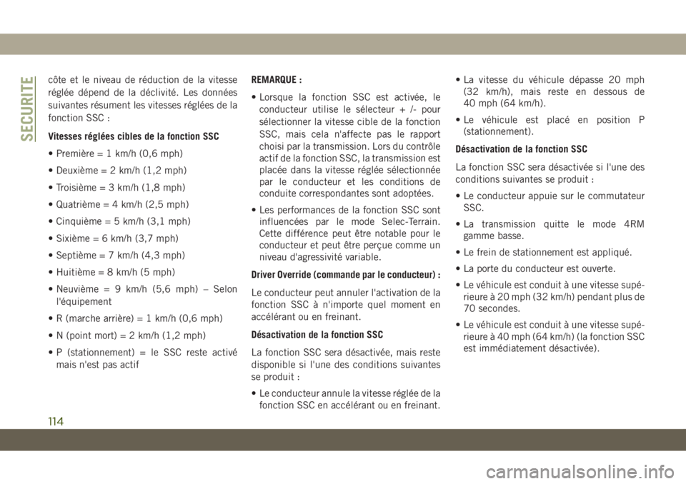 JEEP GRAND CHEROKEE 2021 Notice dentretien (in French) côte et le niveau de réduction de la vitesse
réglée dépend de la déclivité. Les données
suivantes résument les vitesses réglées de la
fonction SSC :
Vitesses réglées cibles de la fonction JEEP GRAND CHEROKEE 2021 Notice dentretien (in French) côte et le niveau de réduction de la vitesse
réglée dépend de la déclivité. Les données
suivantes résument les vitesses réglées de la
fonction SSC :
Vitesses réglées cibles de la fonction