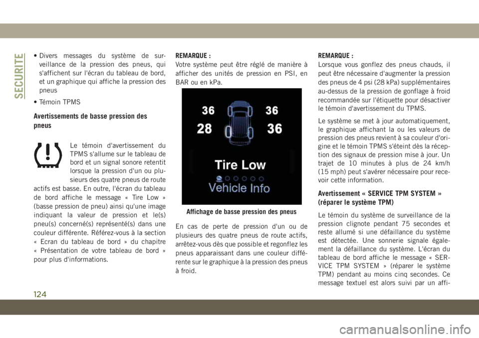 JEEP GRAND CHEROKEE 2019  Notice dentretien (in French) • Divers messages du système de sur-
veillance de la pression des pneus, qui
s'affichent sur l'écran du tableau de bord,
et un graphique qui affiche la pression des
pneus
• Témoin TPMS
