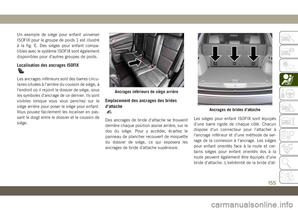 JEEP GRAND CHEROKEE 2021 Notice dentretien (in French) Un exemple de siège pour enfant universel
ISOFIX pour le groupe de poids 1 est illustré
à la fig. E. Des sièges pour enfant compa-
tibles avec le système ISOFIX sont également
disponibles pour d JEEP GRAND CHEROKEE 2021 Notice dentretien (in French) Un exemple de siège pour enfant universel
ISOFIX pour le groupe de poids 1 est illustré
à la fig. E. Des sièges pour enfant compa-
tibles avec le système ISOFIX sont également
disponibles pour d