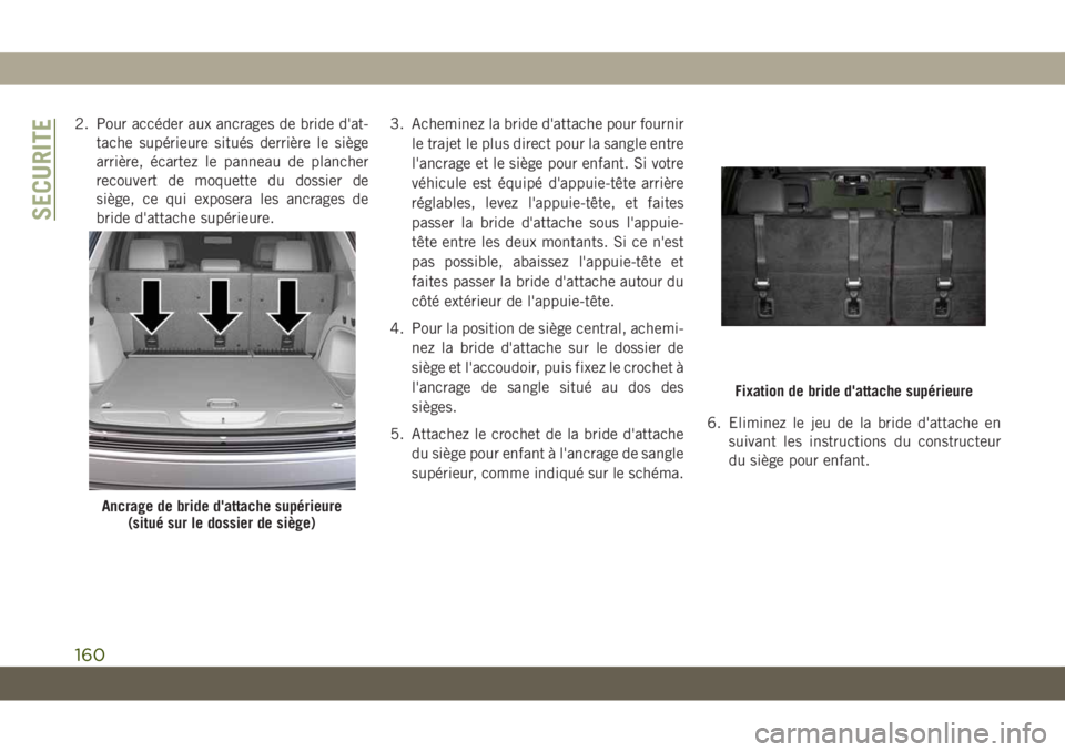 JEEP GRAND CHEROKEE 2021 Notice dentretien (in French) 2. Pour accéder aux ancrages de bride d'at-
tache supérieure situés derrière le siège
arrière, écartez le panneau de plancher
recouvert de moquette du dossier de
siège, ce qui exposera les JEEP GRAND CHEROKEE 2021 Notice dentretien (in French) 2. Pour accéder aux ancrages de bride d'at-
tache supérieure situés derrière le siège
arrière, écartez le panneau de plancher
recouvert de moquette du dossier de
siège, ce qui exposera les