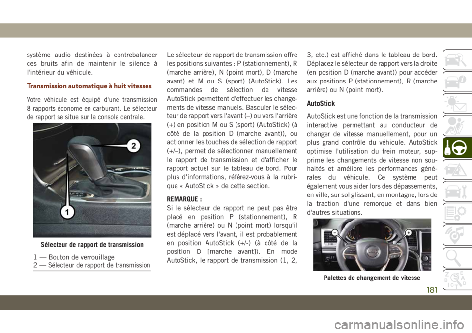 JEEP GRAND CHEROKEE 2021 Notice dentretien (in French) système audio destinées à contrebalancer
ces bruits afin de maintenir le silence à
l'intérieur du véhicule.
Transmission automatique à huit vitesses
Votre véhicule est équipé d'une t JEEP GRAND CHEROKEE 2021 Notice dentretien (in French) système audio destinées à contrebalancer
ces bruits afin de maintenir le silence à
l'intérieur du véhicule.
Transmission automatique à huit vitesses
Votre véhicule est équipé d'une t