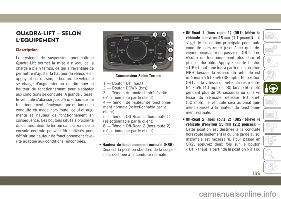 JEEP GRAND CHEROKEE 2020 Notice dentretien (in French) QUADRA-LIFT — SELON
L'EQUIPEMENT
Description
Le système de suspension pneumatique
Quadra-Lift permet la mise à niveau de la
charge à plein temps, ce qui a l'avantage de
permettre d'aj JEEP GRAND CHEROKEE 2020 Notice dentretien (in French) QUADRA-LIFT — SELON
L'EQUIPEMENT
Description
Le système de suspension pneumatique
Quadra-Lift permet la mise à niveau de la
charge à plein temps, ce qui a l'avantage de
permettre d'aj