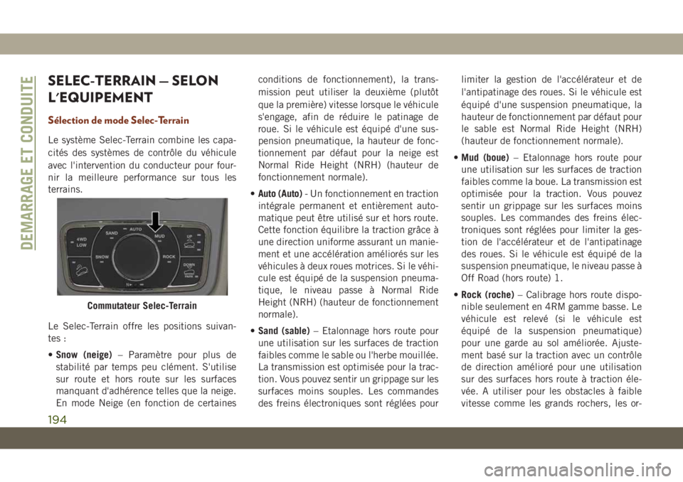 JEEP GRAND CHEROKEE 2020 Notice dentretien (in French) SELEC-TERRAIN — SELON
L'EQUIPEMENT
Sélection de mode Selec-Terrain
Le système Selec-Terrain combine les capa-
cités des systèmes de contrôle du véhicule
avec l'intervention du conducte JEEP GRAND CHEROKEE 2020 Notice dentretien (in French) SELEC-TERRAIN — SELON
L'EQUIPEMENT
Sélection de mode Selec-Terrain
Le système Selec-Terrain combine les capa-
cités des systèmes de contrôle du véhicule
avec l'intervention du conducte