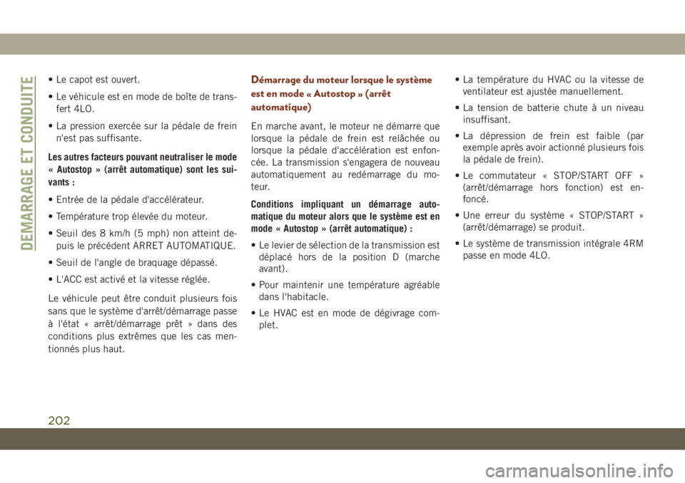 JEEP GRAND CHEROKEE 2021 Notice dentretien (in French) • Le capot est ouvert.
• Le véhicule est en mode de boîte de trans-
fert 4LO.
• La pression exercée sur la pédale de frein
n'est pas suffisante.
Les autres facteurs pouvant neutraliser l JEEP GRAND CHEROKEE 2021 Notice dentretien (in French) • Le capot est ouvert.
• Le véhicule est en mode de boîte de trans-
fert 4LO.
• La pression exercée sur la pédale de frein
n'est pas suffisante.
Les autres facteurs pouvant neutraliser l