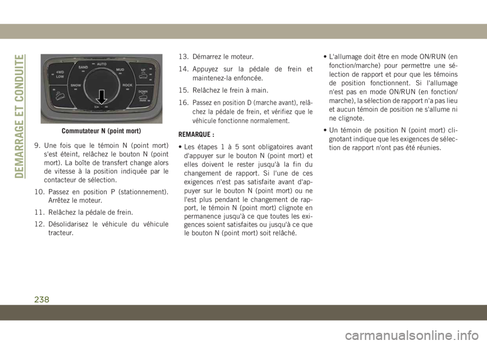JEEP GRAND CHEROKEE 2020 Notice dentretien (in French) 9. Une fois que le témoin N (point mort)
s'est éteint, relâchez le bouton N (point
mort). La boîte de transfert change alors
de vitesse à la position indiquée par le
contacteur de sélection JEEP GRAND CHEROKEE 2020 Notice dentretien (in French) 9. Une fois que le témoin N (point mort)
s'est éteint, relâchez le bouton N (point
mort). La boîte de transfert change alors
de vitesse à la position indiquée par le
contacteur de sélection