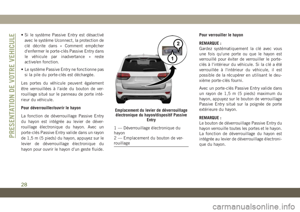 JEEP GRAND CHEROKEE 2019 Notice dentretien (in French) • Si le système Passive Entry est désactivé
avec le système Uconnect, la protection de
clé décrite dans « Comment empêcher
d'enfermer le porte-clés Passive Entry dans
le véhicule par i JEEP GRAND CHEROKEE 2019 Notice dentretien (in French) • Si le système Passive Entry est désactivé
avec le système Uconnect, la protection de
clé décrite dans « Comment empêcher
d'enfermer le porte-clés Passive Entry dans
le véhicule par i
