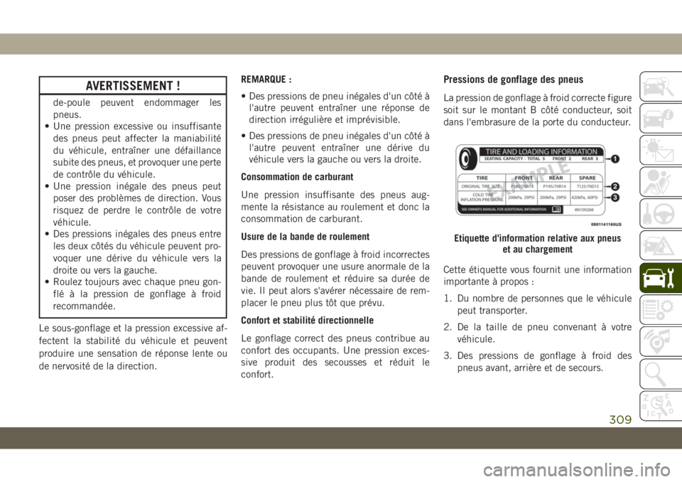 JEEP GRAND CHEROKEE 2019 Notice dentretien (in French) AVERTISSEMENT !
de-poule peuvent endommager les
pneus.
• Une pression excessive ou insuffisante
des pneus peut affecter la maniabilité
du véhicule, entraîner une défaillance
subite des pneus, et JEEP GRAND CHEROKEE 2019 Notice dentretien (in French) AVERTISSEMENT !
de-poule peuvent endommager les
pneus.
• Une pression excessive ou insuffisante
des pneus peut affecter la maniabilité
du véhicule, entraîner une défaillance
subite des pneus, et