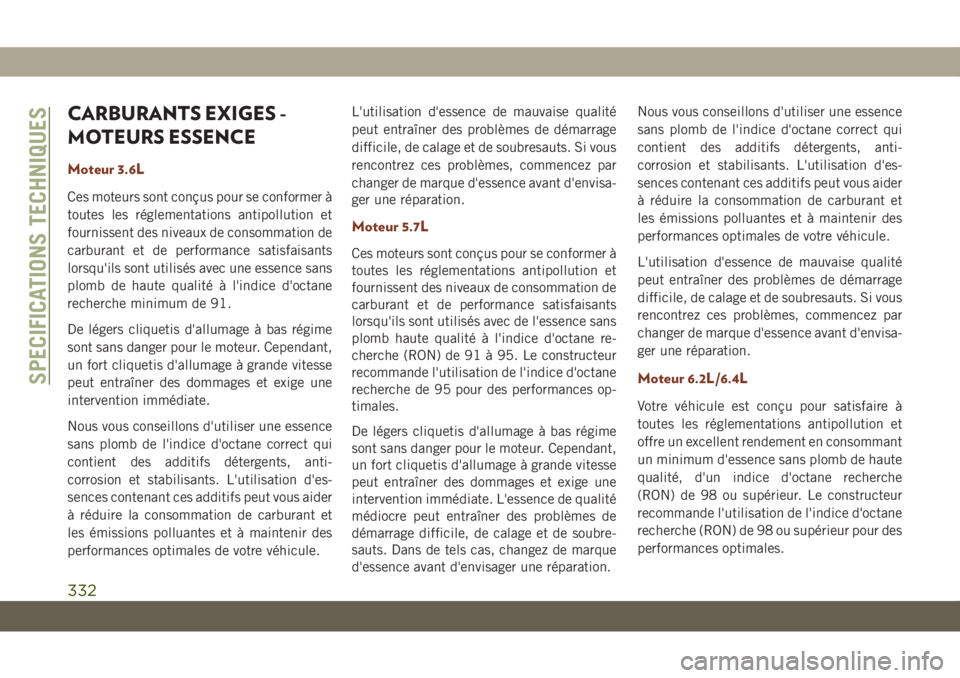 JEEP GRAND CHEROKEE 2019 Notice dentretien (in French) CARBURANTS EXIGES -
MOTEURS ESSENCE
Moteur 3.6L
Ces moteurs sont conçus pour se conformer à
toutes les réglementations antipollution et
fournissent des niveaux de consommation de
carburant et de pe JEEP GRAND CHEROKEE 2019 Notice dentretien (in French) CARBURANTS EXIGES -
MOTEURS ESSENCE
Moteur 3.6L
Ces moteurs sont conçus pour se conformer à
toutes les réglementations antipollution et
fournissent des niveaux de consommation de
carburant et de pe