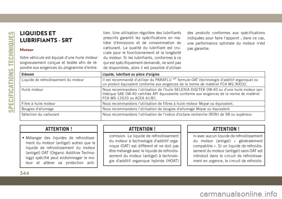JEEP GRAND CHEROKEE 2020  Notice dentretien (in French) LIQUIDES ET
LUBRIFIANTS - SRT
Moteur
Votre véhicule est équipé d'une huile moteur
soigneusement conçue et testée afin de ré-
pondre aux exigences du programme d'entre-tien. Une utilisati
