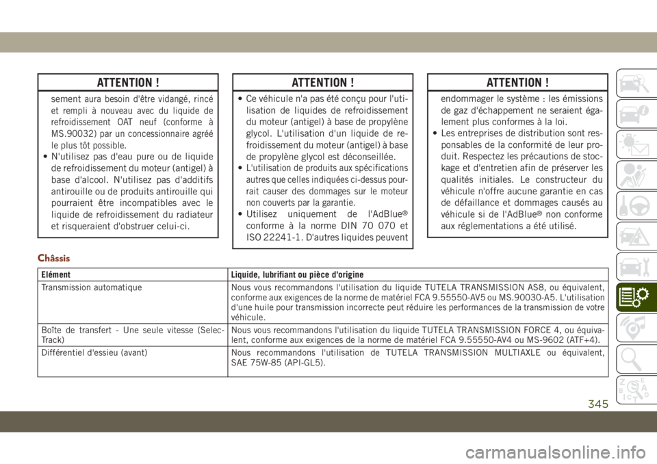 JEEP GRAND CHEROKEE 2019 Notice dentretien (in French) ATTENTION !
sementaura besoin d'être vidangé, rincé
et rempli à nouveau avec du liquide de
refroidissement OAT neuf (conforme à
MS.90032) par un concessionnaire agréé
le plus tôt possible. JEEP GRAND CHEROKEE 2019 Notice dentretien (in French) ATTENTION !
sementaura besoin d'être vidangé, rincé
et rempli à nouveau avec du liquide de
refroidissement OAT neuf (conforme à
MS.90032) par un concessionnaire agréé
le plus tôt possible.