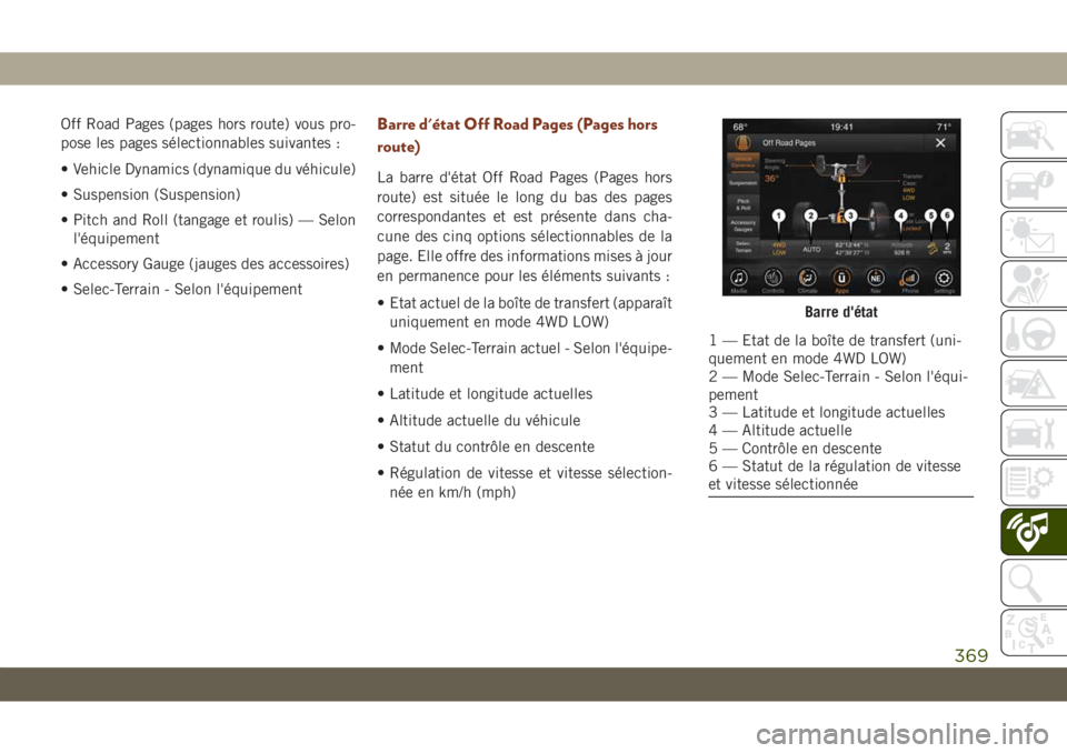 JEEP GRAND CHEROKEE 2019 Notice dentretien (in French) Off Road Pages (pages hors route) vous pro-
pose les pages sélectionnables suivantes :
• Vehicle Dynamics (dynamique du véhicule)
• Suspension (Suspension)
• Pitch and Roll (tangage et roulis) JEEP GRAND CHEROKEE 2019 Notice dentretien (in French) Off Road Pages (pages hors route) vous pro-
pose les pages sélectionnables suivantes :
• Vehicle Dynamics (dynamique du véhicule)
• Suspension (Suspension)
• Pitch and Roll (tangage et roulis)
