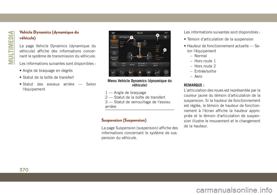 JEEP GRAND CHEROKEE 2019 Notice dentretien (in French) Vehicle Dynamics (dynamique du
véhicule)
La page Vehicle Dynamics (dynamique du
véhicule) affiche des informations concer-
nant le système de transmission du véhicule.
Les informations suivantes s JEEP GRAND CHEROKEE 2019 Notice dentretien (in French) Vehicle Dynamics (dynamique du
véhicule)
La page Vehicle Dynamics (dynamique du
véhicule) affiche des informations concer-
nant le système de transmission du véhicule.
Les informations suivantes s