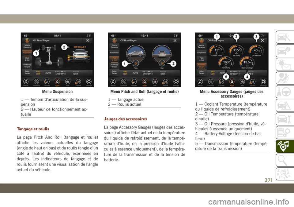 JEEP GRAND CHEROKEE 2019  Notice dentretien (in French) Tangage et roulis
La page Pitch And Roll (tangage et roulis)
affiche les valeurs actuelles du tangage
(angle de haut en bas) et du roulis (angle d'un
côté à l'autre) du véhicule, exprimée