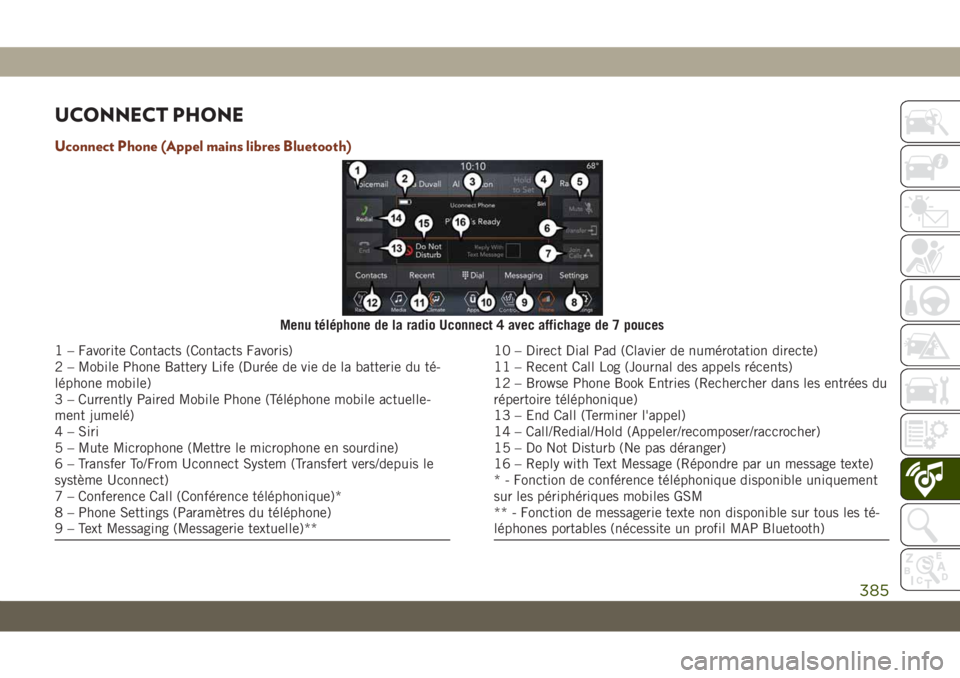 JEEP GRAND CHEROKEE 2020  Notice dentretien (in French) UCONNECT PHONE
Uconnect Phone (Appel mains libres Bluetooth)
Menu téléphone de la radio Uconnect 4 avec affichage de 7 pouces
1 – Favorite Contacts (Contacts Favoris)
2 – Mobile Phone Battery Li