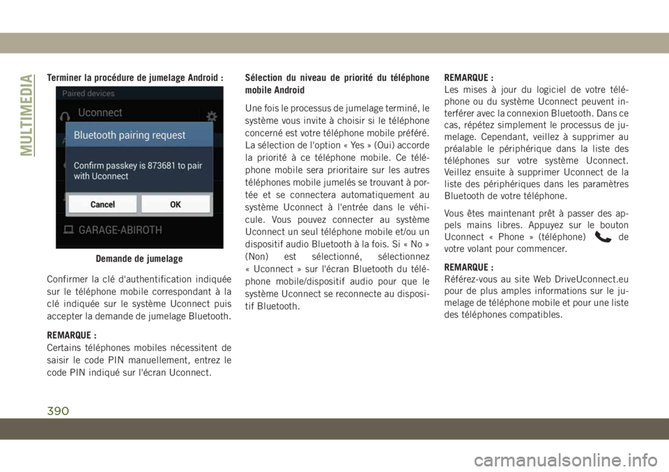JEEP GRAND CHEROKEE 2019 Notice dentretien (in French) Terminer la procédure de jumelage Android :
Confirmer la clé d'authentification indiquée
sur le téléphone mobile correspondant à la
clé indiquée sur le système Uconnect puis
accepter la d JEEP GRAND CHEROKEE 2019 Notice dentretien (in French) Terminer la procédure de jumelage Android :
Confirmer la clé d'authentification indiquée
sur le téléphone mobile correspondant à la
clé indiquée sur le système Uconnect puis
accepter la d