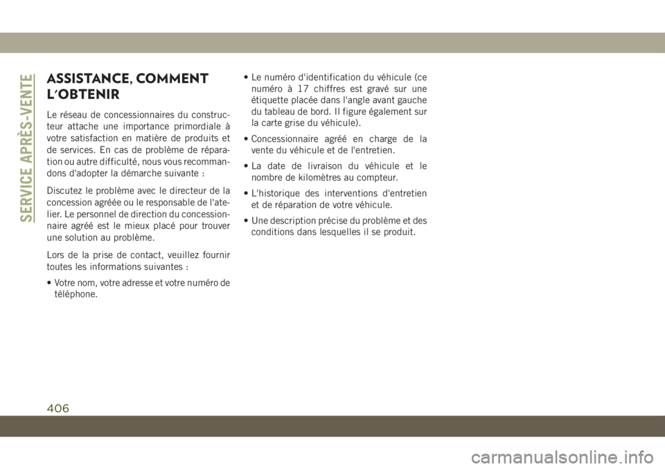 JEEP GRAND CHEROKEE 2019 Notice dentretien (in French) ASSISTANCE, COMMENT
L'OBTENIR
Le réseau de concessionnaires du construc-
teur attache une importance primordiale à
votre satisfaction en matière de produits et
de services. En cas de problème JEEP GRAND CHEROKEE 2019 Notice dentretien (in French) ASSISTANCE, COMMENT
L'OBTENIR
Le réseau de concessionnaires du construc-
teur attache une importance primordiale à
votre satisfaction en matière de produits et
de services. En cas de problème